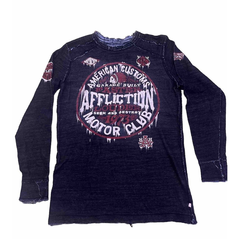 Affliction Men’s Distressed Long Sleeve Reversible Thermal Raw Hem Shirt Sz L